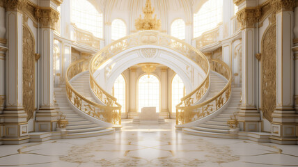Light luxury royal posh interior in baroque style. White hall with expensive oldstyle furniture.