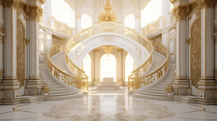 Fotobehang Light luxury royal posh interior in baroque style. White hall with expensive oldstyle furniture. © Adin