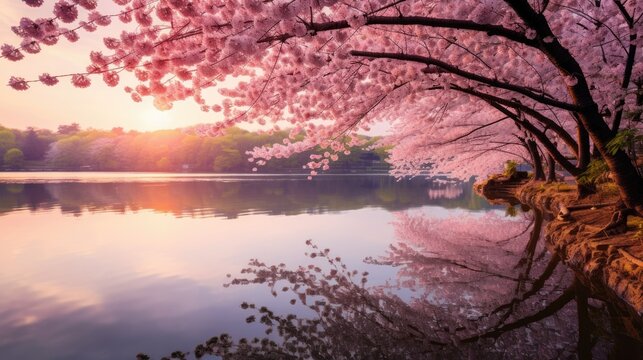 Cherry Blossom Trees in the middle of the Lake Landscape Photography