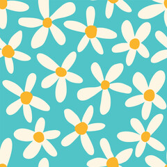 Daisy flower seamless on blue background illustration. Pretty floral pattern for print. Flat design vector.