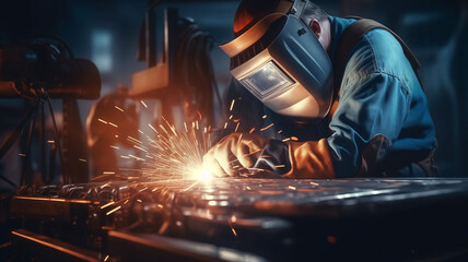Worker welder with protective mask welding metal, light spark hot metal. Industry iron factory.