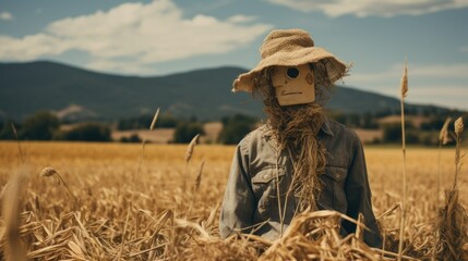 Naklejka na ściany i meble Scarecrow in the middle of Farm Field Landscape Photography