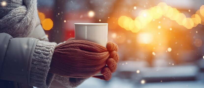  a woman holding a cup of coffee and a knitted mitt on a snowy day with boke of lights in the background.