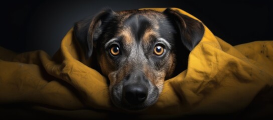  a brown and black dog with a yellow blanket on it's head looking at the camera with a sad look on his face.