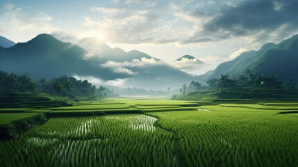 Rice Fields With Mountain View Landscape Photography