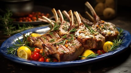  a blue plate topped with lamb chops covered in sauce and garnished with lemons, tomatoes, tomatoes, and a rosemary sprig of rosemary.  generative ai