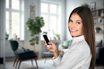 Fototapeta premium Young positive woman at work in modern office, AI generated image
