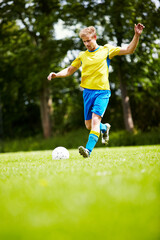 Sports, man and a soccer player kicking a ball on a field for training, a game or match on a green...