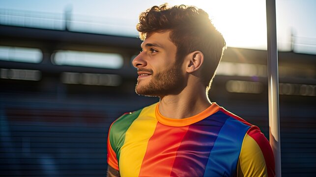 Soccer player with a t-shirt with the colors of the lgtbq+ flag. International day of homophobia in sports