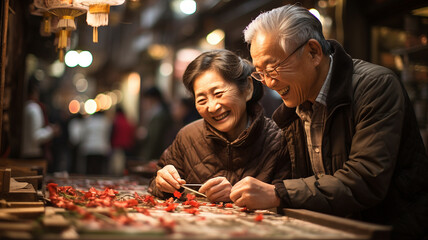 Happy asian senior couple enjoy spending time together at night in the city.
