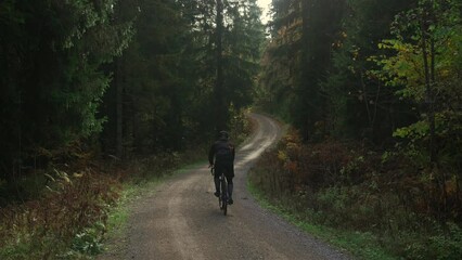 Male cyclist riding uphill on gravel bike view from back in autumn in forest with yellow leaves in mountains of Germany, Bavaria region. Bikepacker bicyclist in mountainous countryside in woods fall. 
