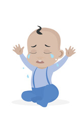Baby is crying. Infant. Dark eyes, caucasian. Vector flat illustration. Cartoon people design. Suitable for animation, using in web, apps, books, education projects