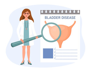 Female doctor with magnifying glass examining bladder disease, medical diagnosis. The concept of science and medicine. Vector