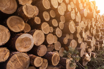 Firewood, timber harvesting. Deforestation, forest destruction. Pile, stack of many sawn logs of...