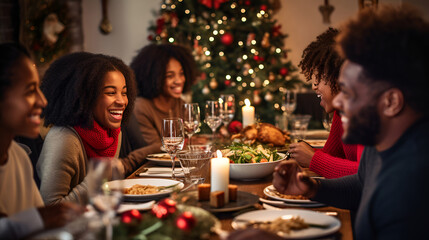 African-American family at the festive table against the background of a Christmas tree