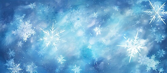 Fototapeta na wymiar a painting of snowflakes on a blue background with snow flakes on the bottom and bottom of the image.