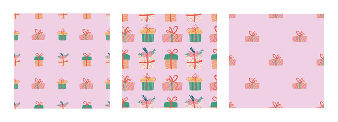 Christmas gifts seamless pattern set. Festive trendy decorative gift boxes. Hand drawn modern vector texture