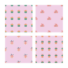 Christmas gifts simple seamless pattern set. Festive trendy decorative gift boxes. Hand drawn modern vector texture