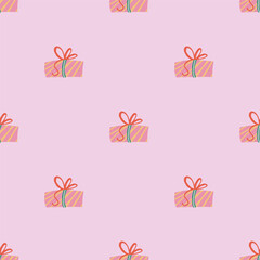 Simple seamless pattern with Christmas gifts. Festive trendy decorative pink gift boxes. Hand drawn modern vector texture