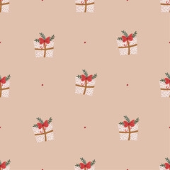 Christmas gifts simple seamless pattern. Festive bright decorative gift boxes background. Hand drawn retro vintage vector texture