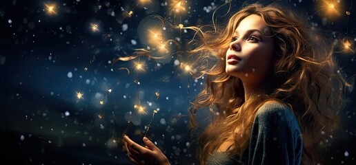  a woman with long hair blowing a dandelion in front of a night sky filled with stars and sparkles.