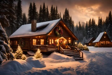 A warmly lit, snow-dusted cabin adorned with festive wreaths and twinkling lights