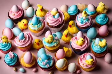 Fototapeta na wymiar Happy Easter pink, yellow and blue cupcakes with cute chicken decorations