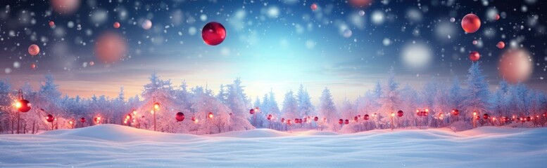  a painting of a snowy landscape with a lot of red balloons floating in the air above the snow and trees.
