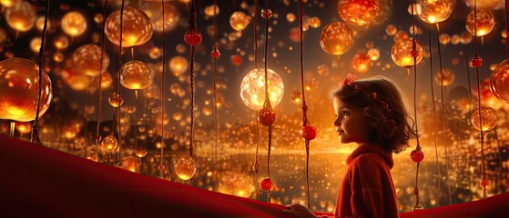  a little girl that is standing in front of a window with some lights hanging from the side of the window.