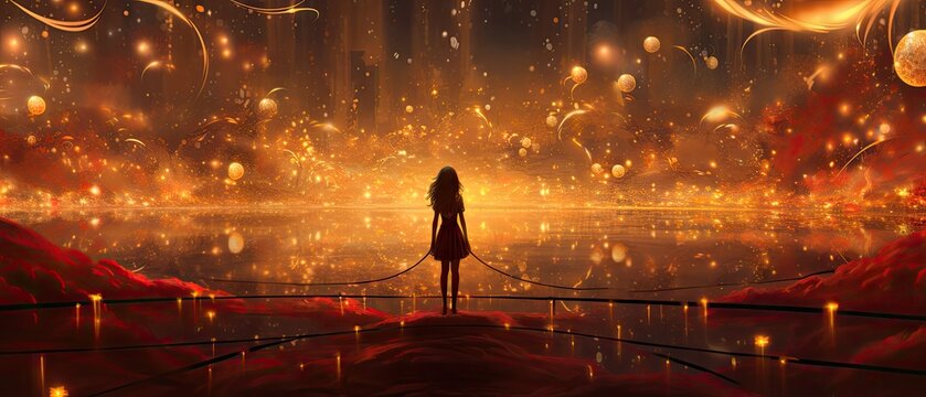  a painting of a woman standing in front of a lake with balloons floating in the air and a firework in the background.