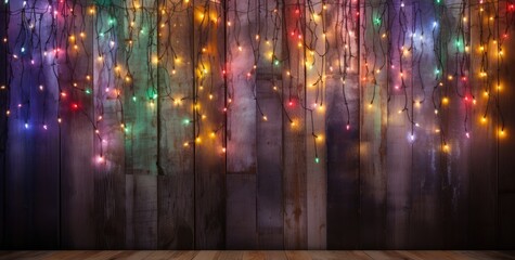  a wooden wall with a bunch of lights hanging from it's sides and a wooden floor in front of it.