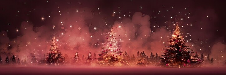  a painting of a christmas tree surrounded by firecrackers and fireworks in the night sky over a snow covered field.