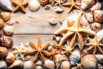 Beautiful composition from seashells and starfish. Summer holidays, travel and trip background. Top view