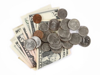 Paper and metal dollars, coin isolated on white, top view