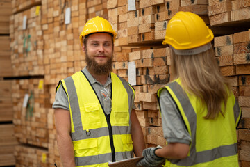 Portrait Caucasian businessman working with stock timber and buddy background at wood factory	