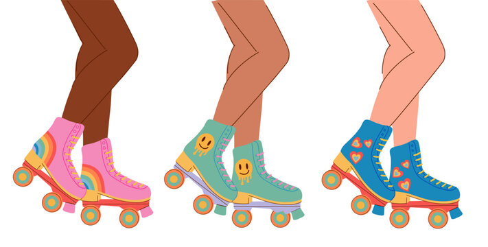 Set of roller skates on woman legs with different skin colors. Girls on roller skates in 80s-90s style, vector illustration.