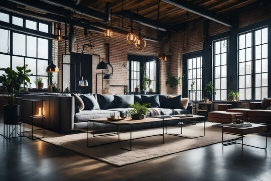 an industrial-style living room with a focus on custom-built or DIY furniture and decor