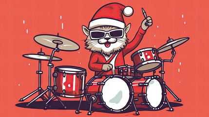  a cartoon of a cat wearing sunglasses and a santa hat with a drum kit in front of a red background with raindrops and raindrops on it.  generative ai