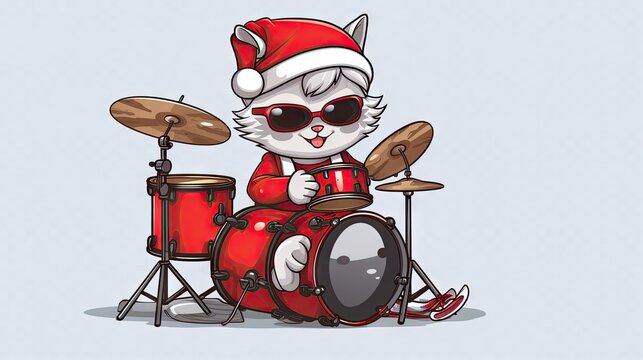  a cat in a santa hat is playing the drums on a red drum set with a cymbal on the bottom half of the drum, and a cymbal on the bottom half of the drum.  generative ai