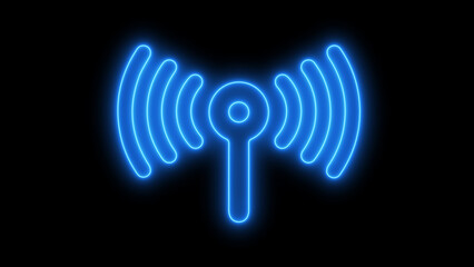 neon glowing mobile, computer, tower network icon on black background.