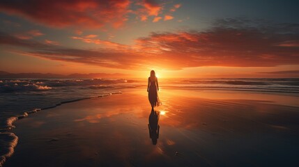 Naklejka premium Woman Enjoy Sunset at Beach Landscape Photography