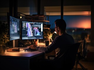 Male data Scientists Work on Personal Computers at Night in a Large Infrastructure Monitoring and Control Room