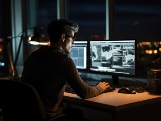 Male data Scientists Work on Personal Computers at Night in a Large Infrastructure Monitoring and Control Room
