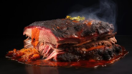 Obraz na płótnie Canvas a large piece of meat sitting on top of a table covered in ketchup and a lot of smoke coming out of the top of the end of it. generative ai