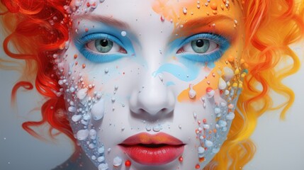  a close up of a woman's face with bright hair and blue and orange make - up and water drops all over her face and a splash on her face.  generative ai