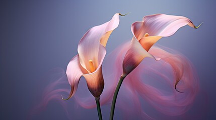  a digital painting of two pink flowers on a blue and purple background with a pink swirl in the middle of the image and a pink flower in the middle of the picture.  generative ai
