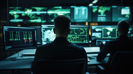 Fototapeta premium Male data Scientists Work on Personal Computers at Night in a Large Infrastructure Monitoring and Control Room