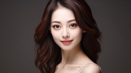 Fototapeta premium On a white background, a beautiful young Asian woman with clean, fresh skin, Face care, facial treatment, cosmetology, beauty and spa, portrait of women.