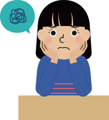 机の前で困っている長袖の服を着た黒髪の日本人女性の正面画
