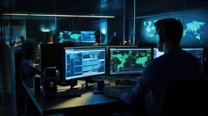 Male data Scientists Work on Personal Computers at Night in a Large Infrastructure Monitoring and Control Room
